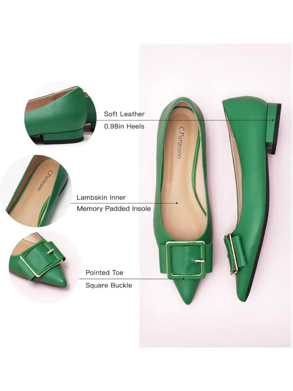 Women's Green Pointed Toe Square Buckle Flats Elegant Slip-On Comfortable Shoes